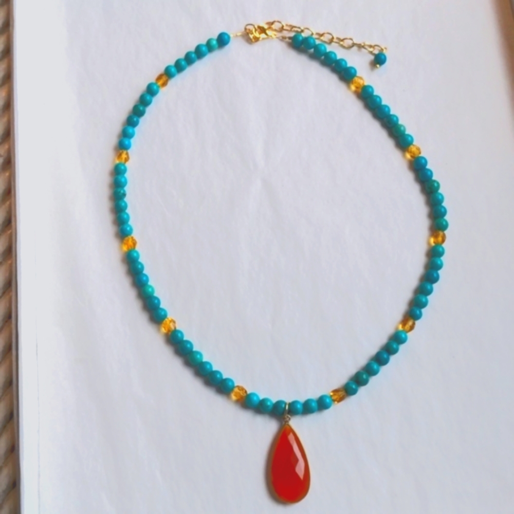 New Turquoise + Carnelian  pendant necklace. Genuine, 19+3" long. Beaded, Gold